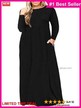Plus Size Maxi Dress Long Sleeve Round Neck Pockets Casual Fall